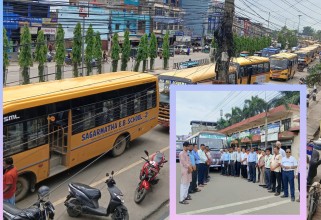 नेपालगञ्जमा स्कुल बस एक साथ सडकमा उतारेर प्याब्सनको विरोध प्रदर्शन